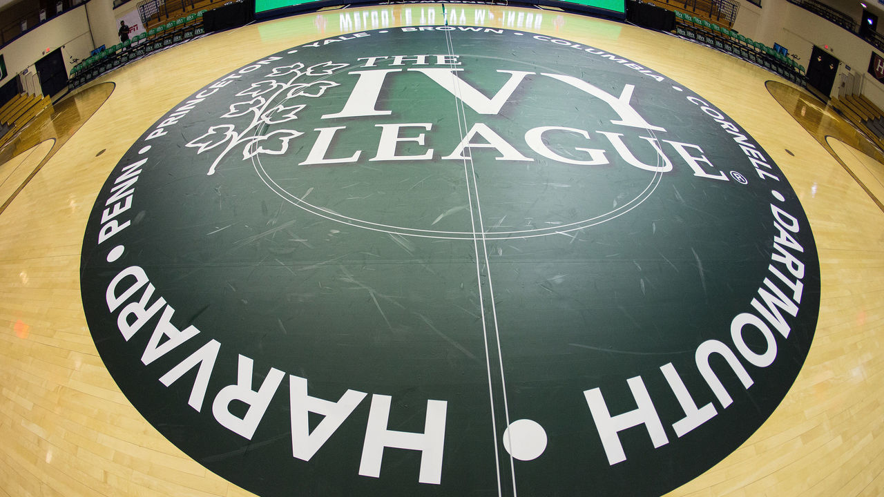 NEW HAVEN, CT - MARCH 16: A general view of the Ivy League logo at center court prior to the college basketball game between Penn Quakers and Harvard Crimson on March 16, 2019, at John J. Lee Amphitheater in New Haven, CT.