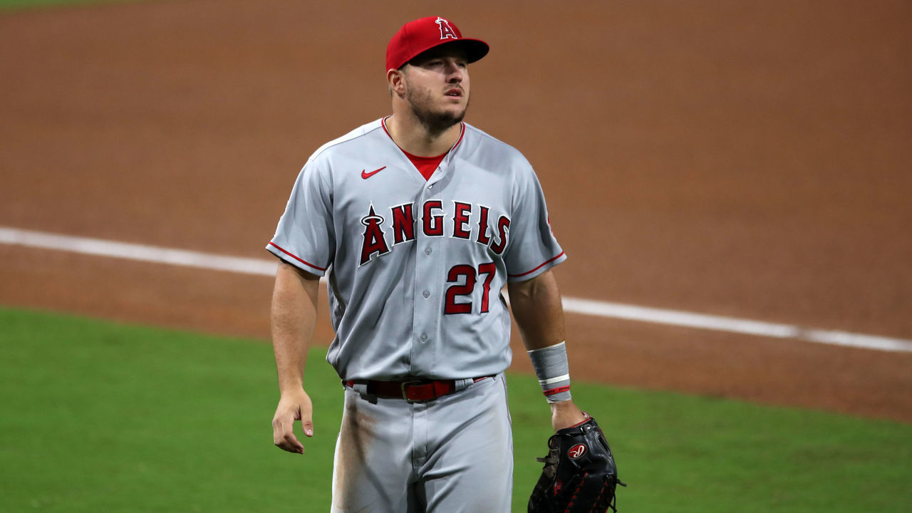 SAN DIEGO, CA - SEPTEMBER 22: Mike Trout #27 of the Los Angeles Angels looks on during the game against the San Diego Padres at Petco Park on September 22, 2020 in San Diego, California. The Angels defeated the Padres 4-2.