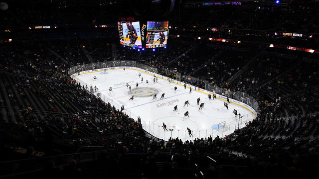 LAS VEGAS, NEVADA - OCTOBER 08: A general view shows the Boston Bruins and the Vegas Golden Knights warming up before their game at T-Mobile Arena on October 8, 2019 in Las Vegas, Nevada. The Bruins defeated the Golden Knights 4-3.