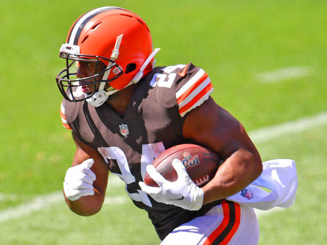 CLEVELAND, OHIO - AUGUST 30: Running back Nick Chubb #24 of the Cleveland Browns runs the ball during training camp at FirstEnergy Stadium on August 30, 2020 in Cleveland, Ohio.