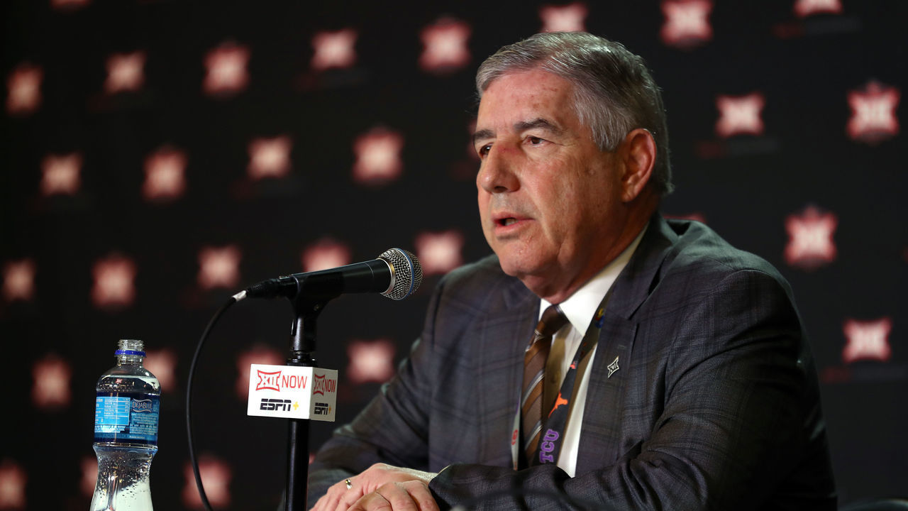 KANSAS CITY, MISSOURI - MARCH 12: Big Twelve Commissioner Bob Bowlsby speaks to the media to announce the cancellation of the tournnament prior to the Big 12 quarterfinal game at the Sprint Center on March 12, 2020 in Kansas City, Missouri.