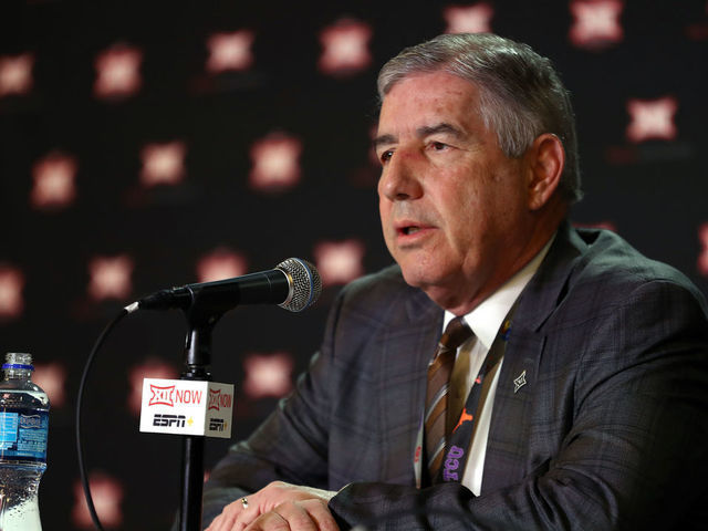 KANSAS CITY MISSOURI - MARCH 12 Big Twelve Commissioner Bob Bowlsby speaks to the media to announce the cancellation of the tournnament prior to the Big 12 quarterfinal game at the Sprint Center on March 12 2020 in Kansas City Missouri