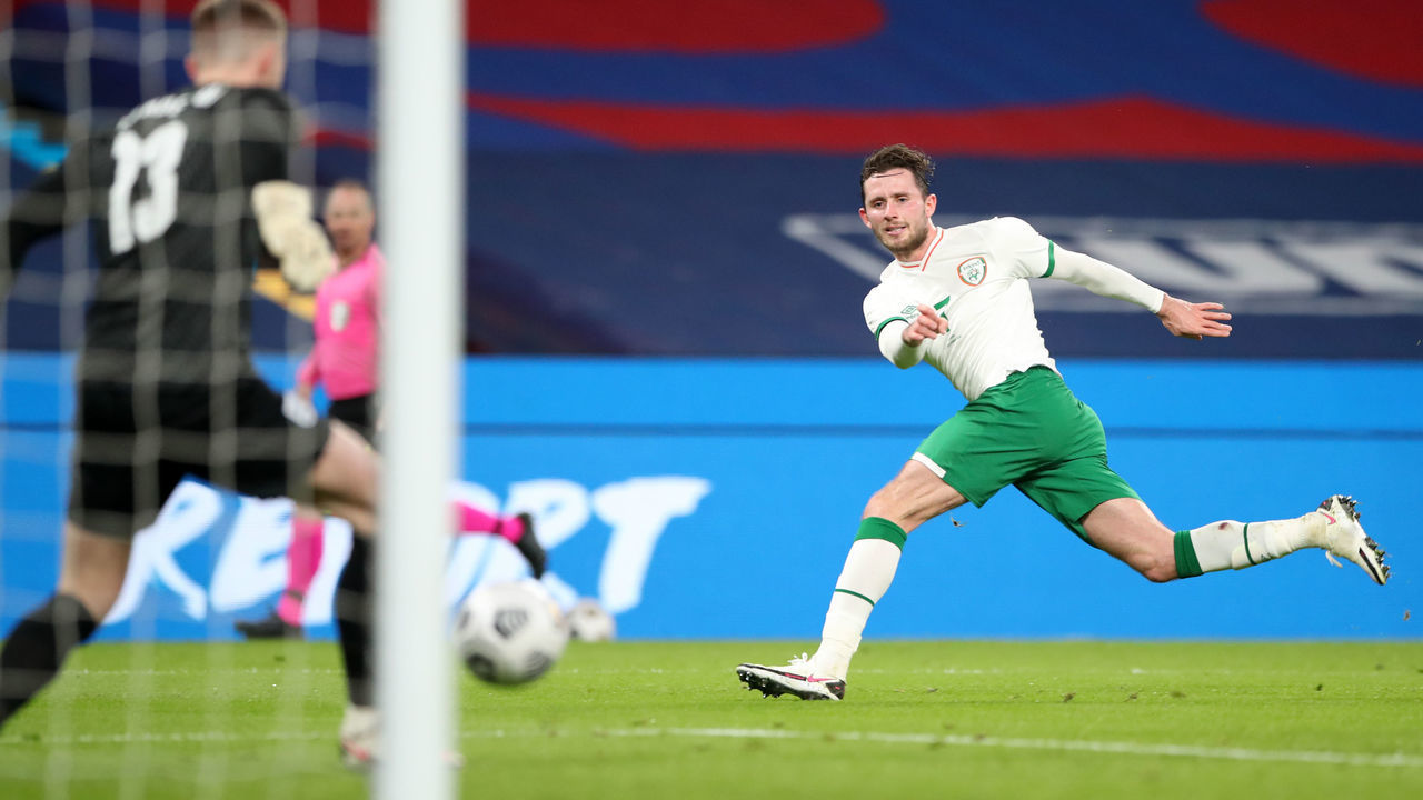 Republic of Ireland's Alan Browne has a shot at goal saved by England goalkeeper Dean Henderson during the international friendly at Wembley Stadium, London.