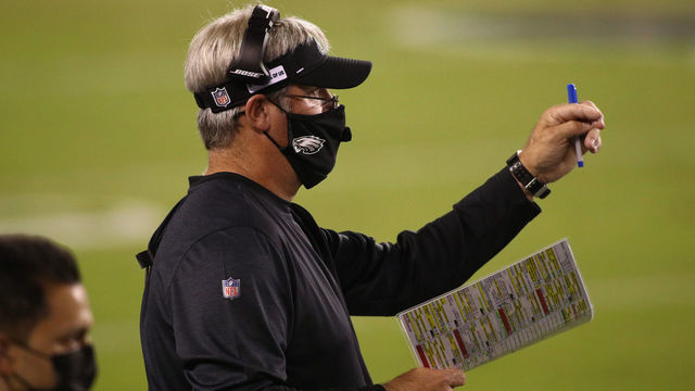 PHILADELPHIA, PA - OCTOBER 22: Eagles Head Coach Doug Pederson calls out plays in the first half during the game between the New York Giants and Philadelphia Eagles on October 22, 2020 at Lincoln Financial Field in Philadelphia, PA.