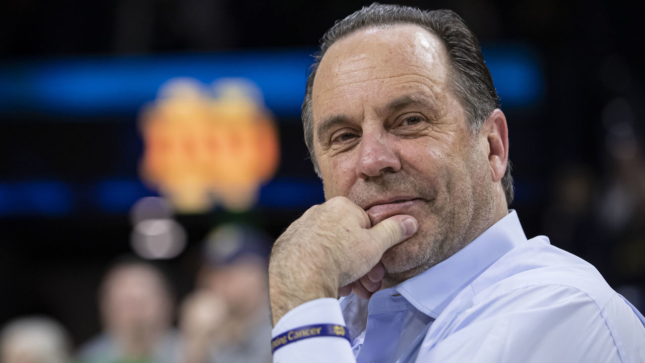 SOUTH BEND, IN - MARCH 07: Head coach Mike Brey of the Notre Dame Fighting Irish is seen following the game against the Virginia Tech Hokies at Purcell Pavilion on March 7, 2020 in South Bend, Indiana.