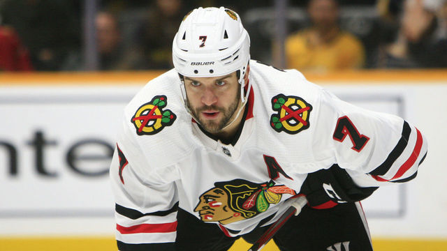 NASHVILLE, TN - NOVEMBER 16: Chicago Blackhawks defenseman Brent Seabrook (7) is shown during the NHL game between the Nashville Predators and Chicago Blackhawks, held on November 16, 2019, at Bridgestone Arena in Nashville, Tennessee.