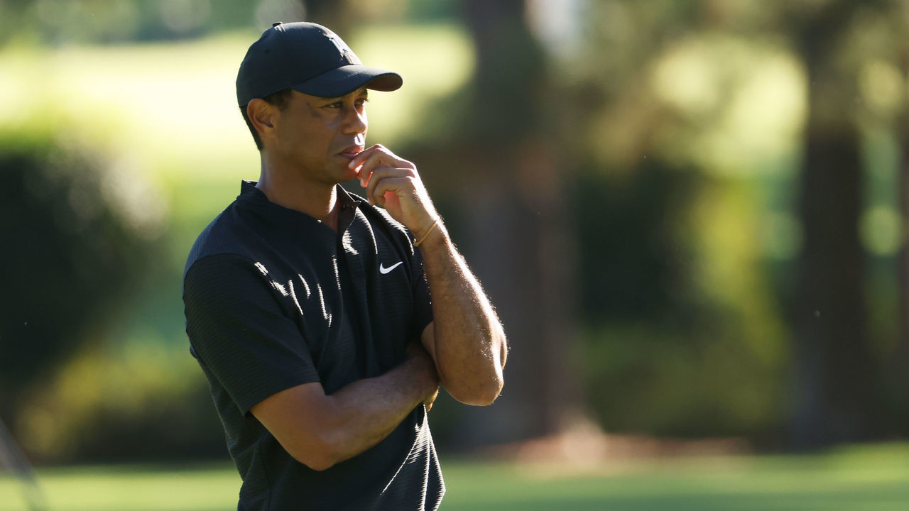 AUGUSTA, GEORGIA - NOVEMBER 13: Tiger Woods of the United States reacts on the third hole during the second round of the Masters at Augusta National Golf Club on November 13, 2020 in Augusta, Georgia.