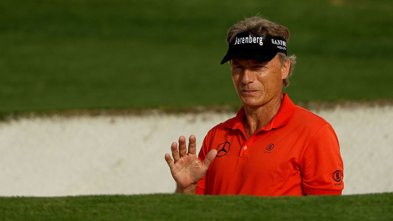AUGUSTA, GEORGIA - NOVEMBER 13: Bernhard Langer of Germany reacts after playing a shot from a bunker on the ninth hole during the continuation of the first round of the Masters at Augusta National Golf Club on November 13, 2020 in Augusta, Georgia.