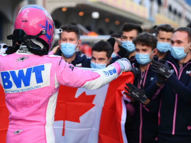 ISTANBUL, TURKEY - NOVEMBER 14: Pole position qualifier Lance Stroll of Canada and Racing Point celebrates with team members in parc ferme during qualifying ahead of the F1 Grand Prix of Turkey at Intercity Istanbul Park on November 14, 2020 in Istanbul, Turkey.