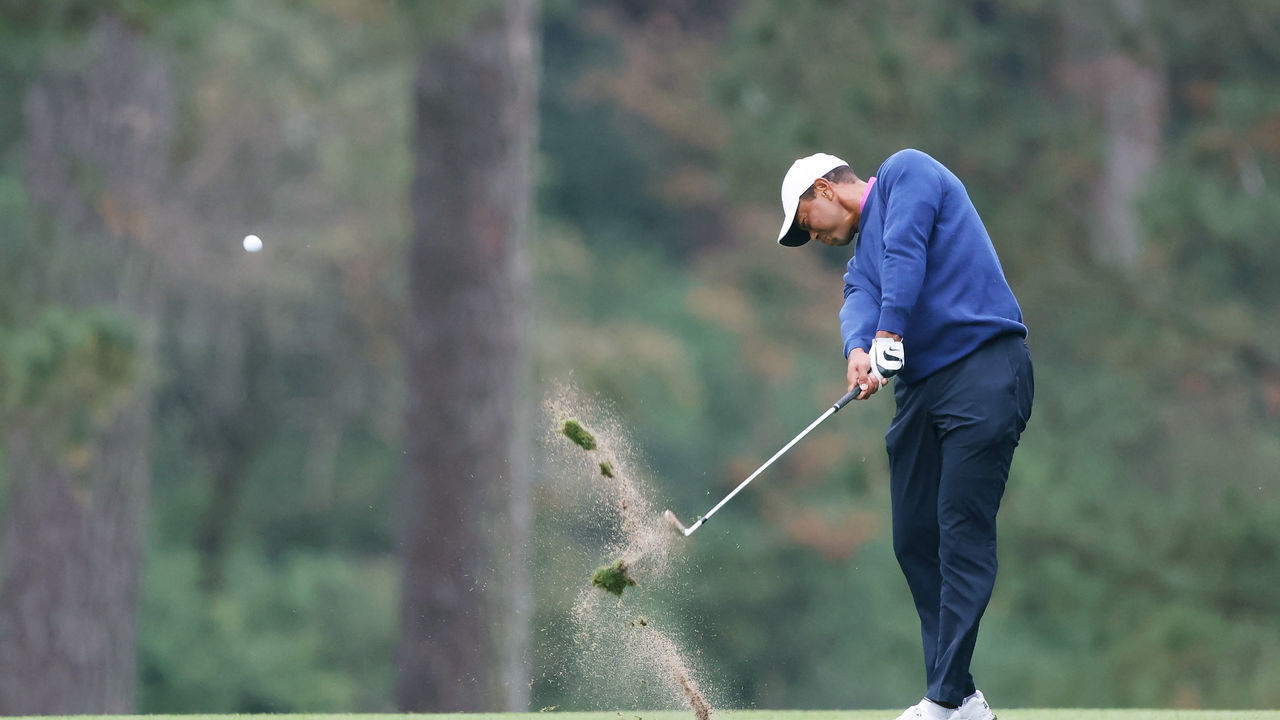 AUGUSTA, GEORGIA - NOVEMBER 14: Tiger Woods of the United States plays his second shot on the 14th hole during the continuation of the second round of the Masters at Augusta National Golf Club on November 14, 2020 in Augusta, Georgia.