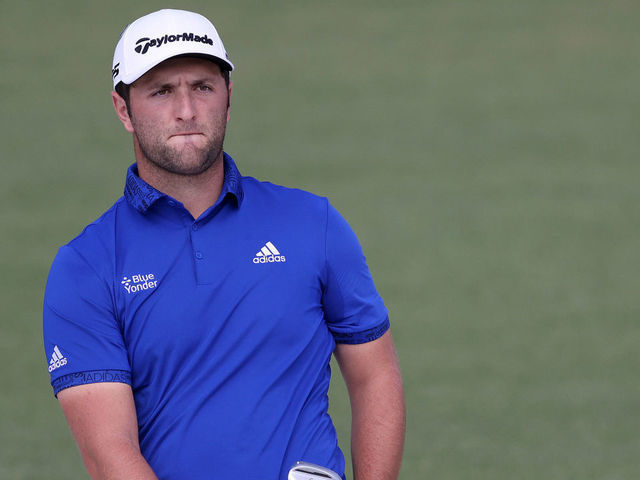 AUGUSTA, GEORGIA - NOVEMBER 14: Jon Rahm of Spain reacts to a shot on the second hole during the third round of the Masters at Augusta National Golf Club on November 14, 2020 in Augusta, Georgia.