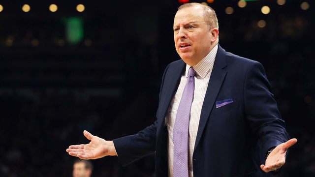 BOSTON, MASSACHUSETTS - JANUARY 02: Tom Thibodeau of the Minnesota Timberwolves complains about a call during the first quarter against the Boston Celtics at TD Garden on January 02, 2019 in Boston, Massachusetts.