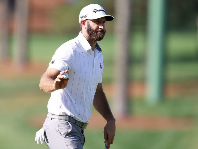 AUGUSTA, GEORGIA - NOVEMBER 14: Dustin Johnson of the United States reacts after making a putt for birdie on the seventh green during the third round of the Masters at Augusta National Golf Club on November 14, 2020 in Augusta, Georgia.