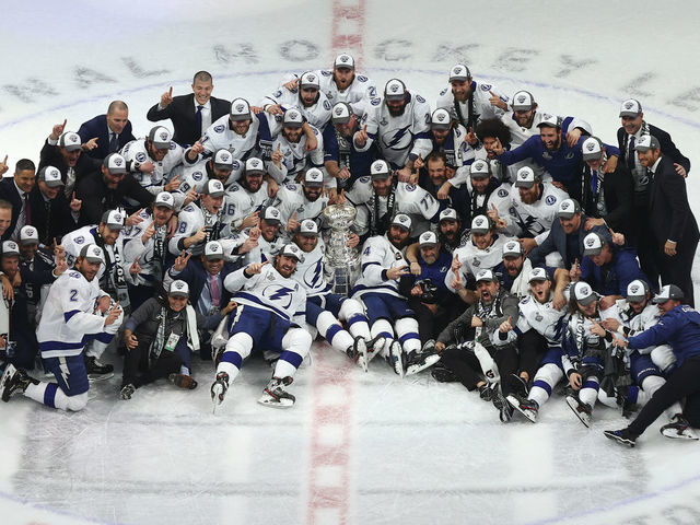 EDMONTON, ALBERTA - SEPTEMBER 28: The Tampa Bay Lightning pose for their team photo with the Stanley Cup following the series-winning victory over the Dallas Stars in Game Six of the 2020 NHL Stanley Cup Final at Rogers Place on September 28, 2020 in Edmonton, Alberta, Canada.