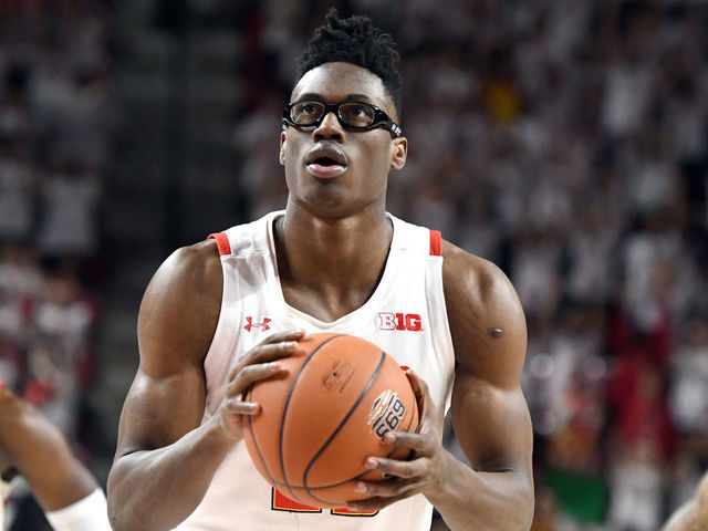 COLLEGE PARK, MD - MARCH 08: Jalen Smith #25 of the Maryland Terrapins takes a foul shot during a college basketball game against the Michigan Wolverines at the Xfinity Center on March 8, 2020 in College Park, Maryland.