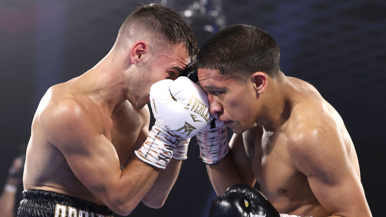 LAS VEGAS, NV - NOVEMBER 14: Joshua Franco and Andrew Moloney exchange punches during their fight for the WBA super flyweight title at the MGM Grand Conference Center on November 14, 2020 in Las Vegas, Nevada.