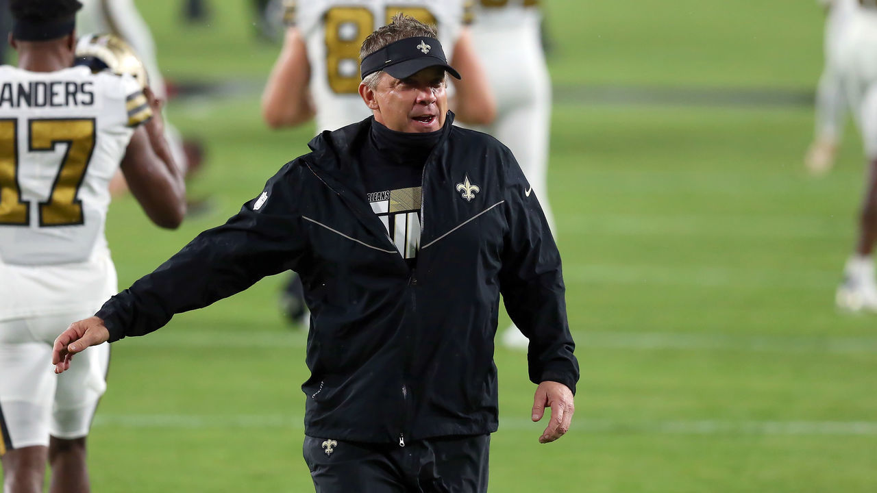 TAMPA, FL - NOVEMBER 08: Saints Head Coach Sean Payton walks amongst his players before the regular season game between the New Orleans Saints and the Tampa Bay Buccaneers on November 08, 2020 at Raymond James Stadium in Tampa, Florida.