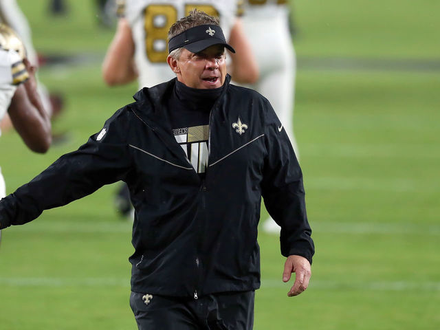 TAMPA, FL - NOVEMBER 08: Saints Head Coach Sean Payton walks amongst his players before the regular season game between the New Orleans Saints and the Tampa Bay Buccaneers on November 08, 2020 at Raymond James Stadium in Tampa, Florida.