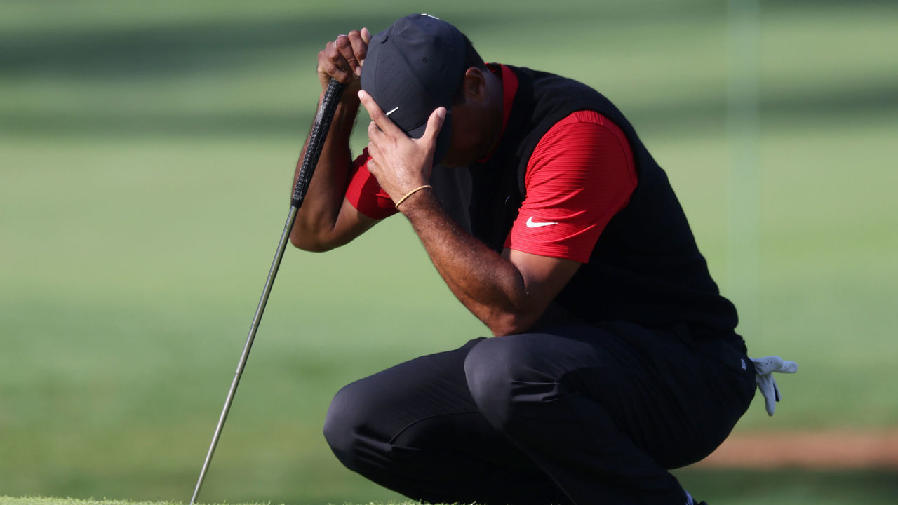 AUGUSTA, GEORGIA - NOVEMBER 15: Tiger Woods of the United States reacts on the seventh green during the final round of the Masters at Augusta National Golf Club on November 15, 2020 in Augusta, Georgia.