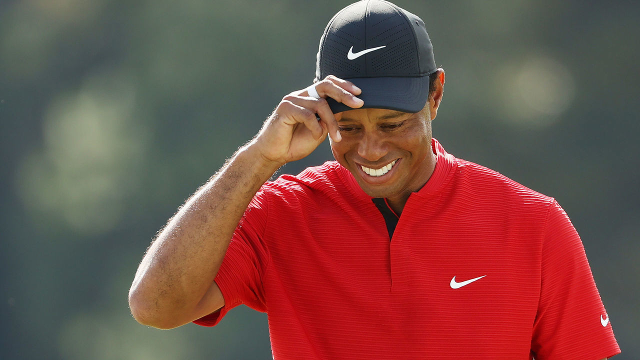 AUGUSTA, GEORGIA - NOVEMBER 15: Tiger Woods of the United States reacts after finishing on the 18th green during the final round of the Masters at Augusta National Golf Club on November 15, 2020 in Augusta, Georgia.