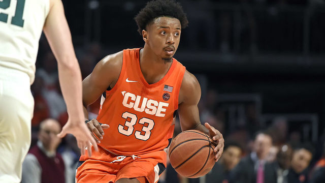 CORAL GABLES, FL - MARCH 07: Syracuse forward Elijah Hughes (33) handles the ball in the first half as the University of Miami Hurricanes faced the Syracuse University Orangemen on March 7, 2020, at the Watsco Center in Coral Gables, Florida.