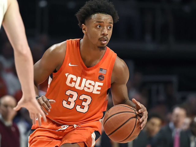 CORAL GABLES, FL - MARCH 07: Syracuse forward Elijah Hughes (33) handles the ball in the first half as the University of Miami Hurricanes faced the Syracuse University Orangemen on March 7, 2020, at the Watsco Center in Coral Gables, Florida.