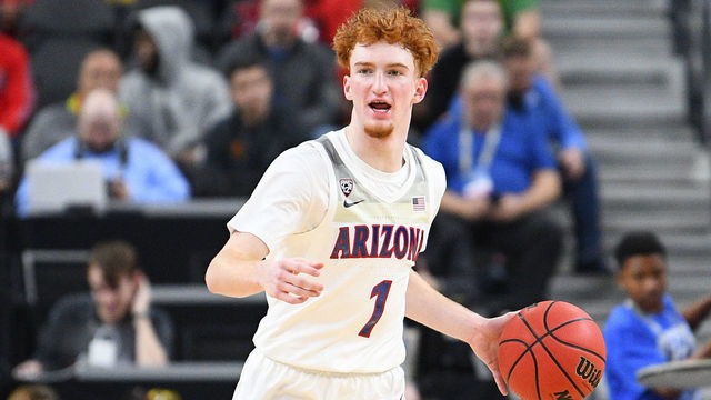 LAS VEGAS, NV - MARCH 11: Arizona Wildcats guard Nico Mannion (1) brings the ball up the court during the first round game of the men's Pac-12 Tournament between the Arizona Wildcats and the Washington Huskies on March 11, 2020, at the T-Mobile Arena in Las Vegas, NV.