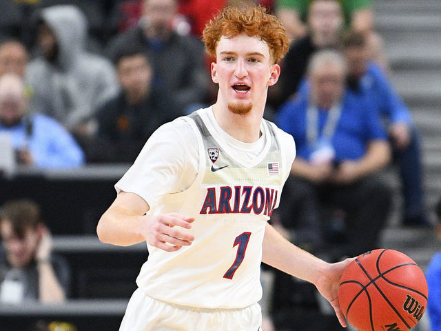 LAS VEGAS, NV - MARCH 11: Arizona Wildcats guard Nico Mannion (1) brings the ball up the court during the first round game of the men's Pac-12 Tournament between the Arizona Wildcats and the Washington Huskies on March 11, 2020, at the T-Mobile Arena in Las Vegas, NV.