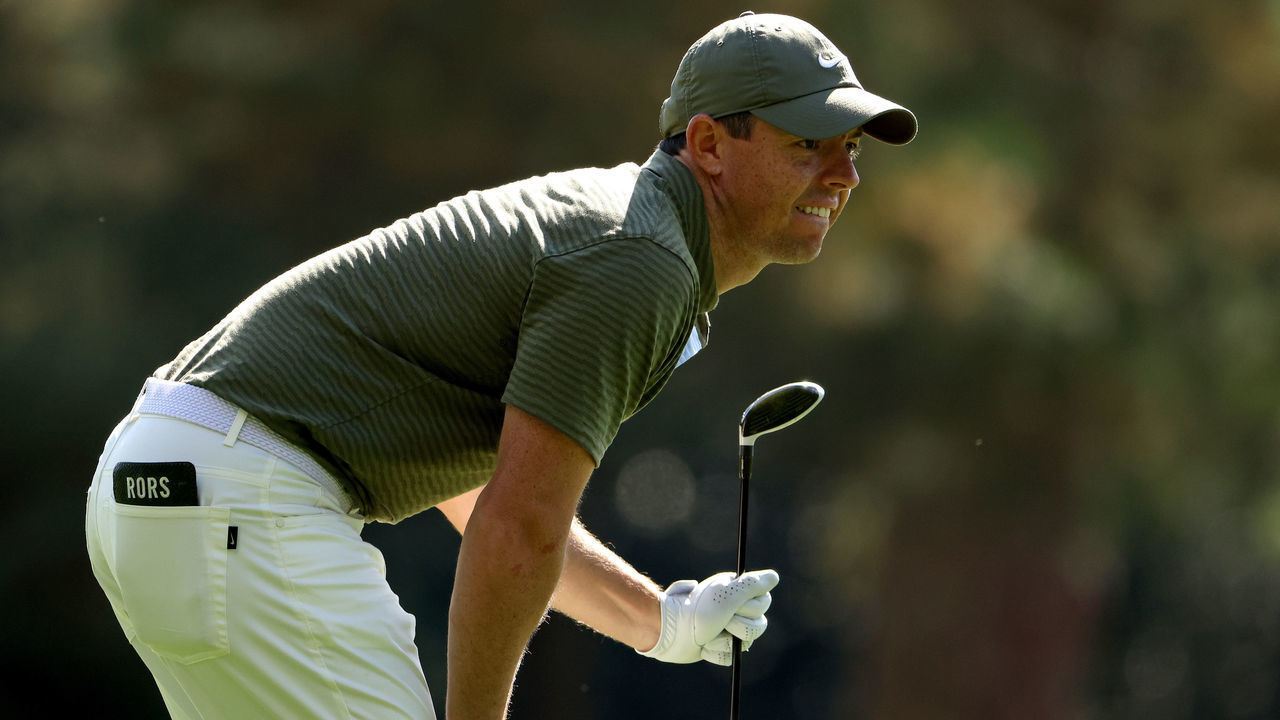 AUGUSTA, GEORGIA - NOVEMBER 13: Rory McIlroy of Northern Ireland reacts to his shot on the 15th hole during the second round of the Masters at Augusta National Golf Club on November 13, 2020 in Augusta, Georgia.