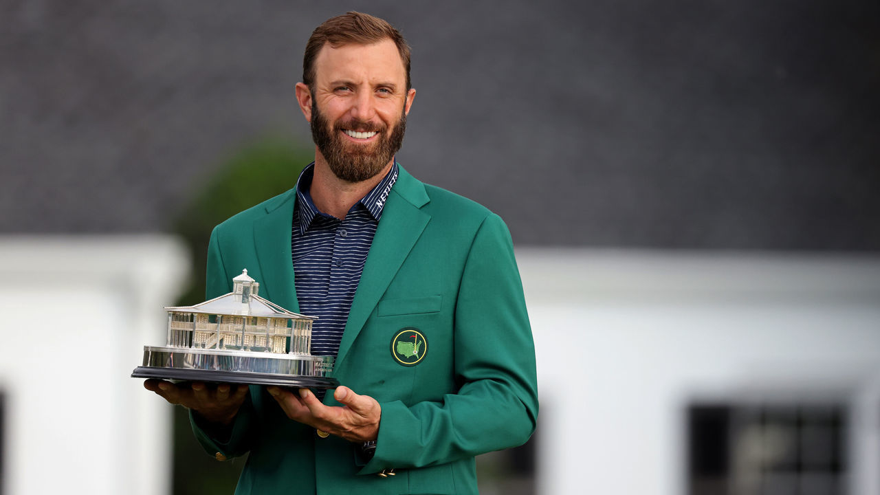 AUGUSTA, GEORGIA - NOVEMBER 15: Dustin Johnson of the United States poses with the Masters Trophy during the Green Jacket Ceremony after winning the Masters at Augusta National Golf Club on November 15, 2020 in Augusta, Georgia.