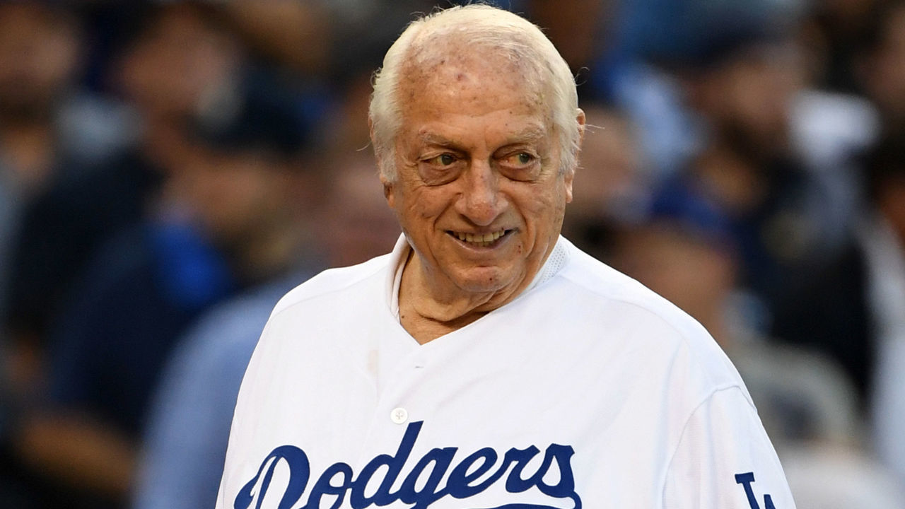 LOS ANGELES, CA - October 9: Hall of Fame manager Tommy Lasorda looks on as Mary Hart (not pictured) throws out the ceremonial first pitch prior to the start of game five of the National League Division Series between the Washington Nationals and the Los Angeles Dodgers at Dodger Stadium on Wednesday, Oct. 09, 2019 in Los Angeles, California.