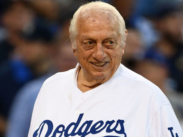 LOS ANGELES, CA - October 9: Hall of Fame manager Tommy Lasorda looks on as Mary Hart (not pictured) throws out the ceremonial first pitch prior to the start of game five of the National League Division Series between the Washington Nationals and the Los Angeles Dodgers at Dodger Stadium on Wednesday, Oct. 09, 2019 in Los Angeles, California.