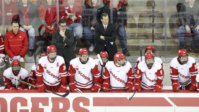 MADISON, WI - JANUARY 13: Wisconsin head coach Tony Granato and the Wisconsin bench watch the action during a college hockey match between the University of Wisconsin Badgers and the Michigan State University Spartans on January 13, 2018 at the Kohl Center in Madison, WI.