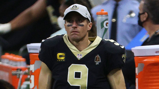NEW ORLEANS, LOUISIANA - NOVEMBER 15: Drew Brees #9 and Jameis Winston #2 of the New Orleans Saints look on from the sideline during their game against the San Francisco 49ers at Mercedes-Benz Superdome on November 15, 2020 in New Orleans, Louisiana.