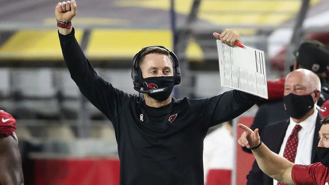 GLENDALE, ARIZONA - NOVEMBER 15: Head coach Kliff Kingsbury of the Arizona Cardinals reacts as wide receiver DeAndre Hopkins #10 (not pictured) catches a touchdown pass to win the game during the second half against the Buffalo Bills at State Farm Stadium on November 15, 2020 in Glendale, Arizona.