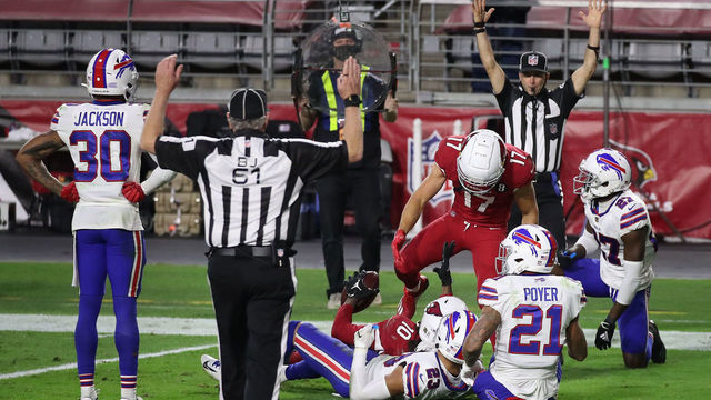 GLENDALE, ARIZONA - NOVEMBER 15: Wide receiver DeAndre Hopkins #10 of the Arizona Cardinals is congratulated by Andy Isabella #17 after catching the game winning 43-yard touchdown over Micah Hyde #23, Jordan Poyer #21 and Tre'Davious White #27 of the Buffalo Bills during the NFL game at State Farm Stadium on November 15, 2020 in Glendale, Arizona. The Cardinals defeated the Bills 32-30.