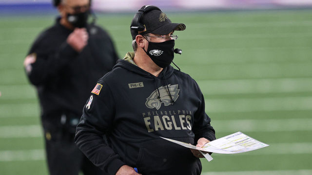 EAST RUTHERFORD, NEW JERSEY - NOVEMBER 15: Head coach Doug Pederson of the Philadelphia Eagles looks on during the second half against the New York Giants at MetLife Stadium on November 15, 2020 in East Rutherford, New Jersey.