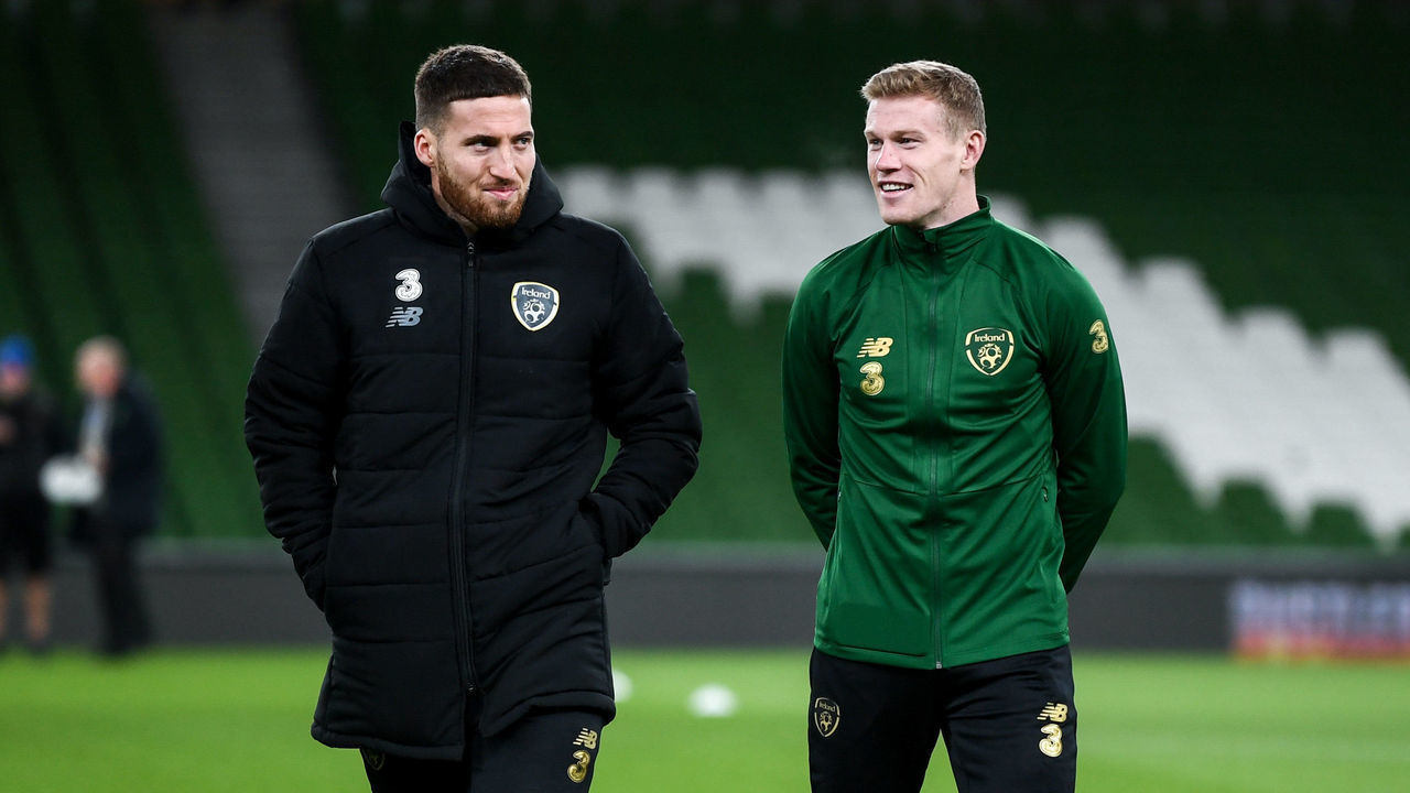 Dublin , Ireland - 14 November 2019; Matt Doherty and James McClean of Republic of Ireland prior to the International Friendly match between Republic of Ireland and New Zealand at the Aviva Stadium in Dublin.