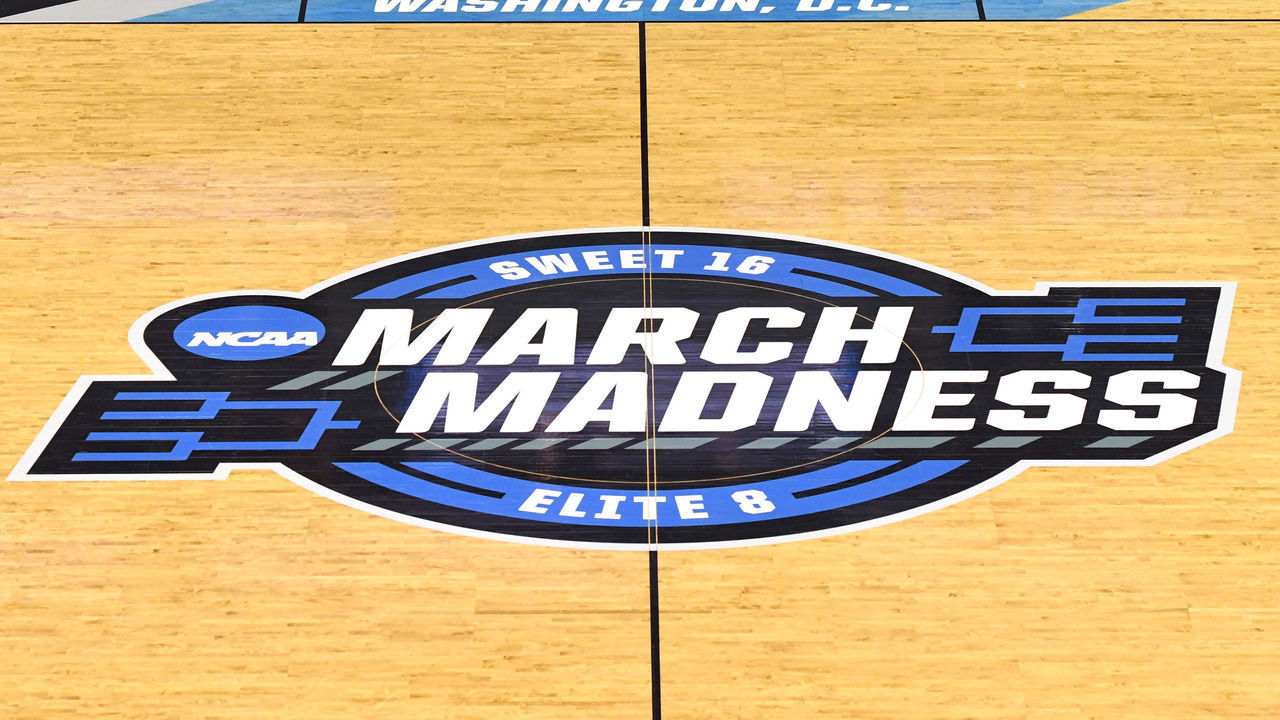 WASHINGTON, DC - MARCH 29: NCAA March Madness logo on the floor before the East Regional game of the 2019 NCAA Men's Basketball Tournament between the LSU Tigers and the Michigan State Spartans at Capital One Arena on March 29, 2019 in Washington, DC.