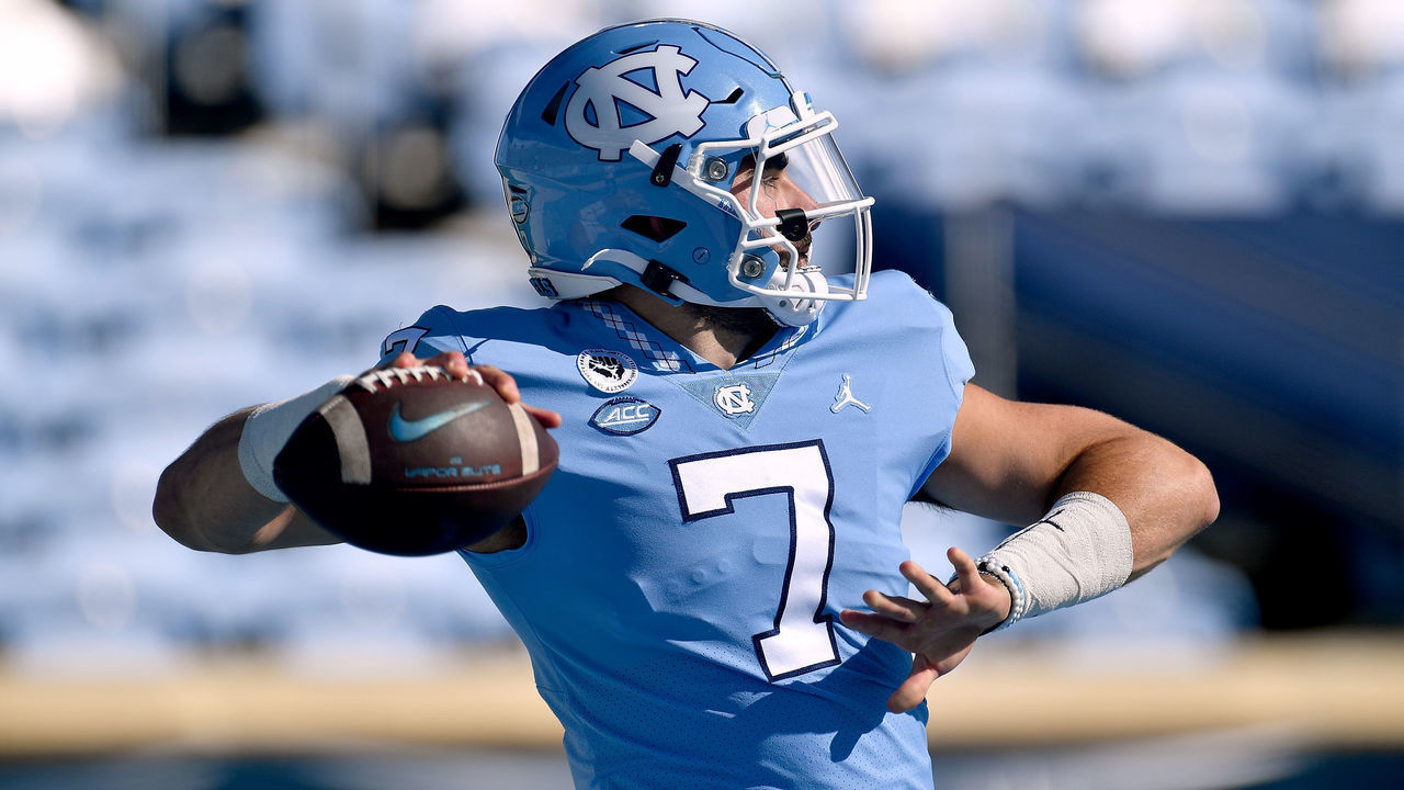 CHAPEL HILL, NORTH CAROLINA - OCTOBER 24: Sam Howell #7 of the North Carolina Tar Heels drops back to pass during their game against the North Carolina State Wolfpack at Kenan Stadium on October 24, 2020 in Chapel Hill, North Carolina.