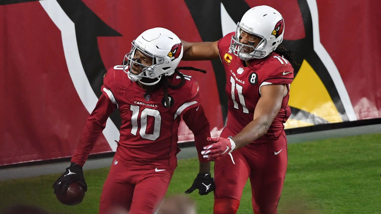 GLENDALE, ARIZONA - NOVEMBER 15: Wide receiver DeAndre Hopkins #10 of the Arizona Cardinals celebrates with wide receiver Larry Fitzgerald #11 after Hopkins caught the game-winning touchdown pass during the second half against the Buffalo Bills at State Farm Stadium on November 15, 2020 in Glendale, Arizona.