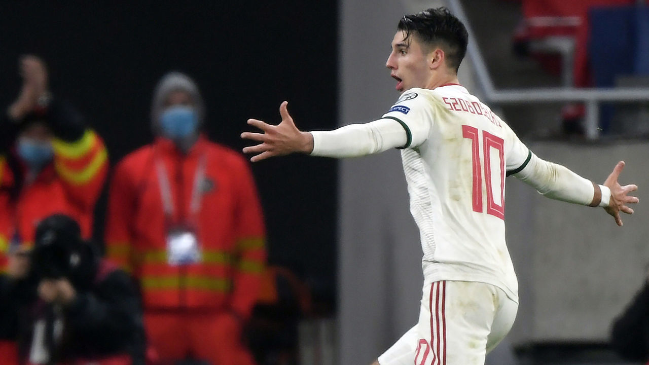 Hungary's midfielder Dominik Szoboszlai celebrates after scoring the team's second goal during the UEFA European Qualifiers play-off final football match between Hungary and Iceland at the Puskas Arena in Budapest on November 12, 2020. - Hungary won the match 2-1 and qualify for the Euro 2020.