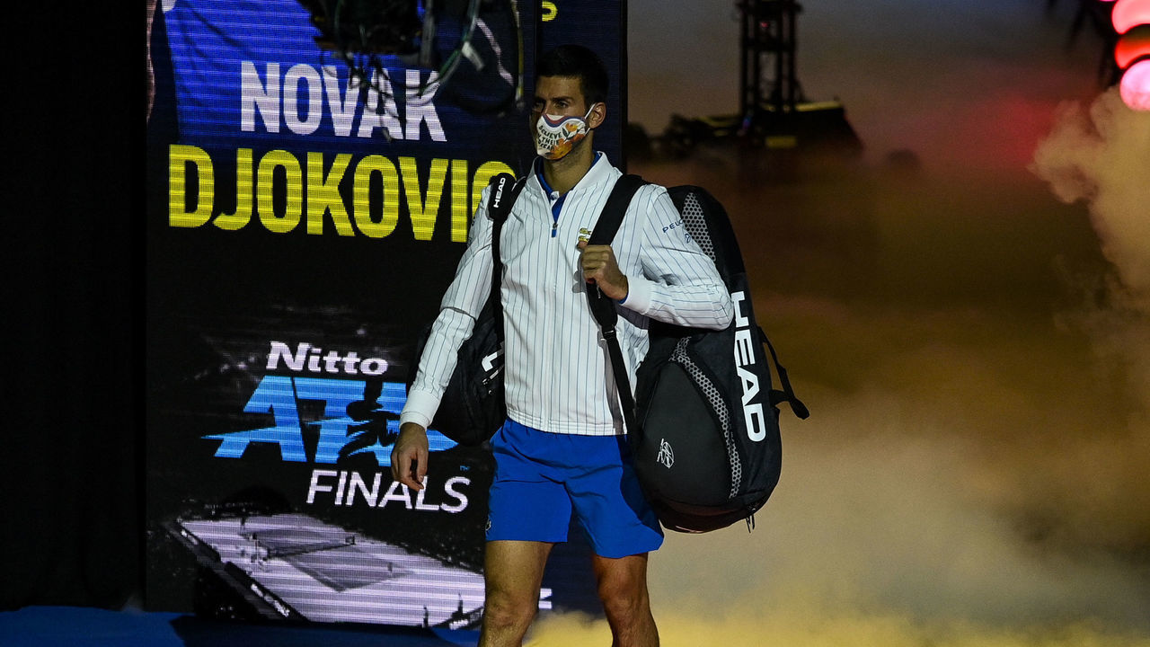 LONDON, ENGLAND - NOVEMBER 16: Novak Djokovic of Serbia walks onto court for his match against Diego Schwartzman of Argentina during Day 2 of the Nitto ATP World Tour Finals at The O2 Arena on November 16, 2020 in London, England.