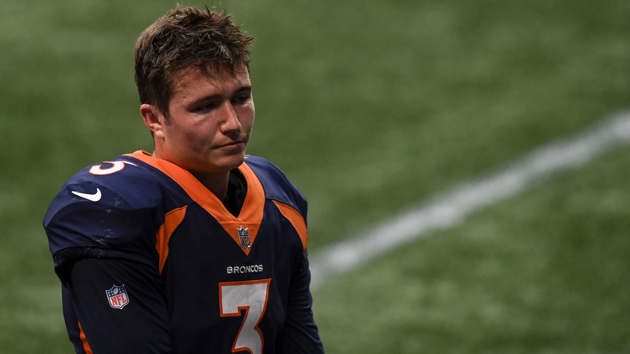 ATLANTA , GA - NOVEMBER 8: Drew Lock (3) of the Denver Broncos walks off the field after the second half of Atlanta's 34-27 win at Mercedes-Benz Stadium on Sunday, November 8, 2020.