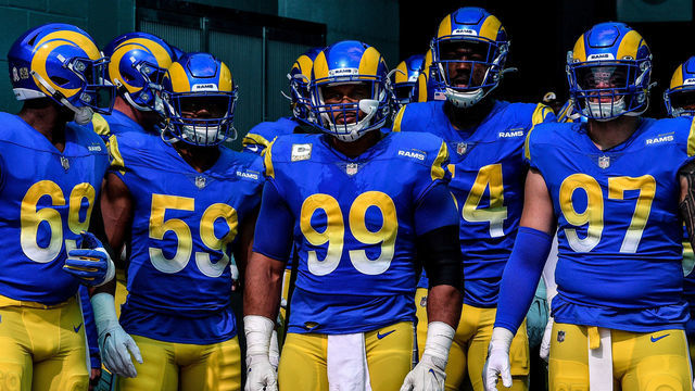 MIAMI GARDENS, FLORIDA - NOVEMBER 01: Aaron Donald #99 of the Los Angeles Rams looks on prior to the game against the Miami Dolphins at Hard Rock Stadium on November 01, 2020 in Miami Gardens, Florida.