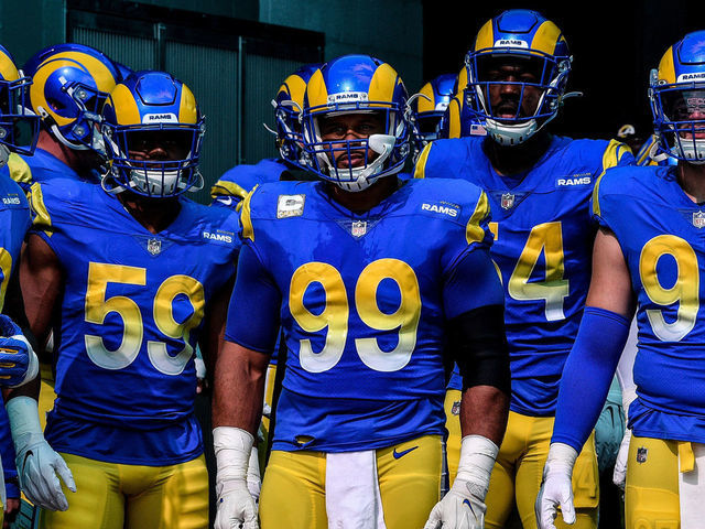 MIAMI GARDENS, FLORIDA - NOVEMBER 01: Aaron Donald #99 of the Los Angeles Rams looks on prior to the game against the Miami Dolphins at Hard Rock Stadium on November 01, 2020 in Miami Gardens, Florida.