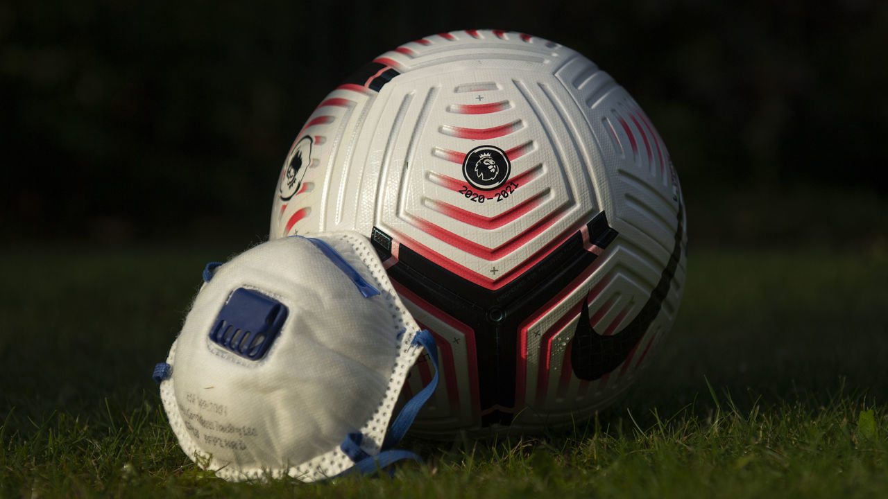 MANCHESTER, ENGLAND - OCTOBER 14: The Official Nike Premier League match ball for the 2020/21 season with a protective face mask on October 14, 2020 in Manchester, United Kingdom.