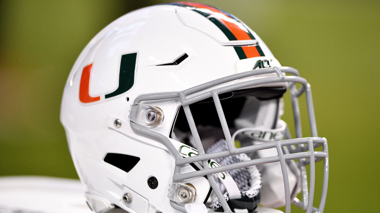 MIAMI, FLORIDA - NOVEMBER 23: A general view of the Miami Hurricanes helmet with a gray facemask during the game against the FIU Golden Panthers in the second half at Marlins Park on November 23, 2019 in Miami, Florida.