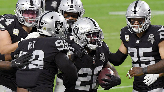LAS VEGAS, NEVADA - NOVEMBER 15: Nevin Lawson #26 of the Las Vegas Raiders celebrates a fumble recovery against the Denver Broncos during the second half of their game at Allegiant Stadium on November 15, 2020 in Las Vegas, Nevada. The Raiders defeated the Broncos 37-12.