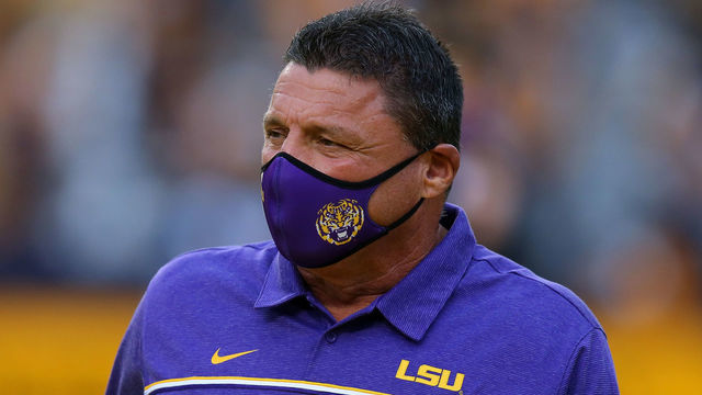 BATON ROUGE, LOUISIANA - OCTOBER 24: Head coach Ed Orgeron of the LSU Tigers reacts against the South Carolina Gamecocks during a game at Tiger Stadium on October 24, 2020 in Baton Rouge, Louisiana.